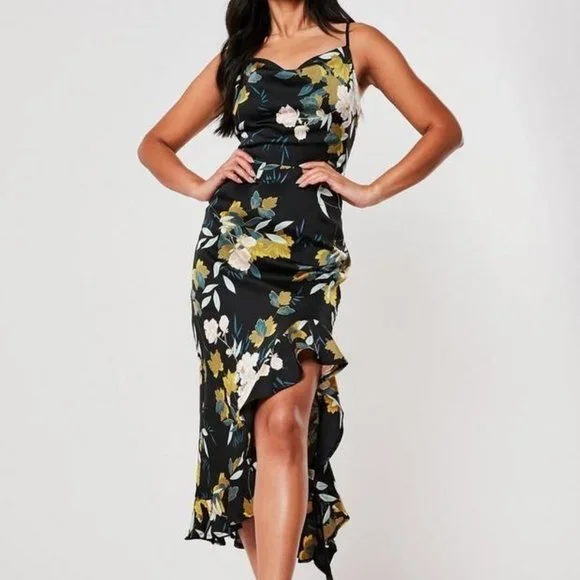 Missguided | Dresses | Missguided Black Floral Ruffle Side Cami Midi Dress  | Poshmark